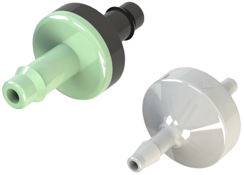 Two color rendered CAD models of typical I S M series C V, C V N, C V P and C V K low-pressure plastic diaphragm check valves.