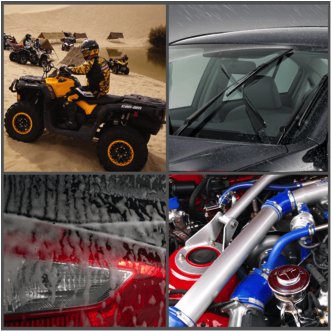 Four examples of automotive equipment using ISM parts including fuel, air and windshield applications