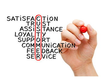 A hand circling “customer” in a list of words including satisfaction, trust, assistance, loyalty, support, communication, feedback, service.