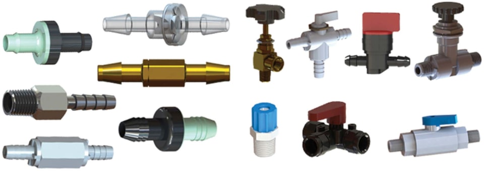 A sample selection of the types of miniature flow control valves carried by ISM.
