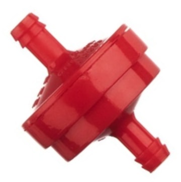 Color photo of an ITW 8408-00-9909 Visu-Filter. Hose barbed red nylon 6,6 body and 150 micron stainless steel mesh.