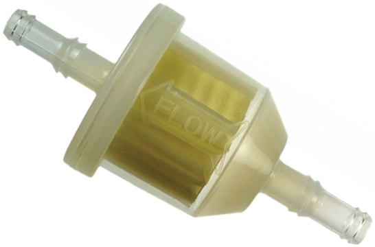 Color photo of an ITW 8479-00-9909 Visu-Filter. Hose barbed semi-transparent nylon 6 body and 80 micron polymer treated cellulose element.