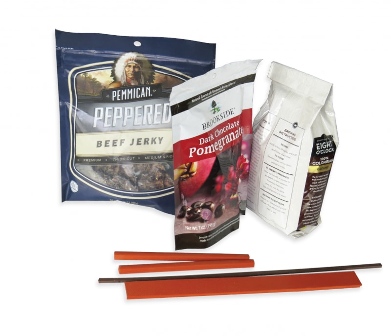 Custom heat seal sealing bars and three styles of flexible packaging and pouches.