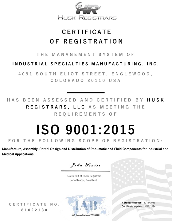Industrial Specialties Manufacturing, INC. ISO 9001:2015 Certificate of Registration 